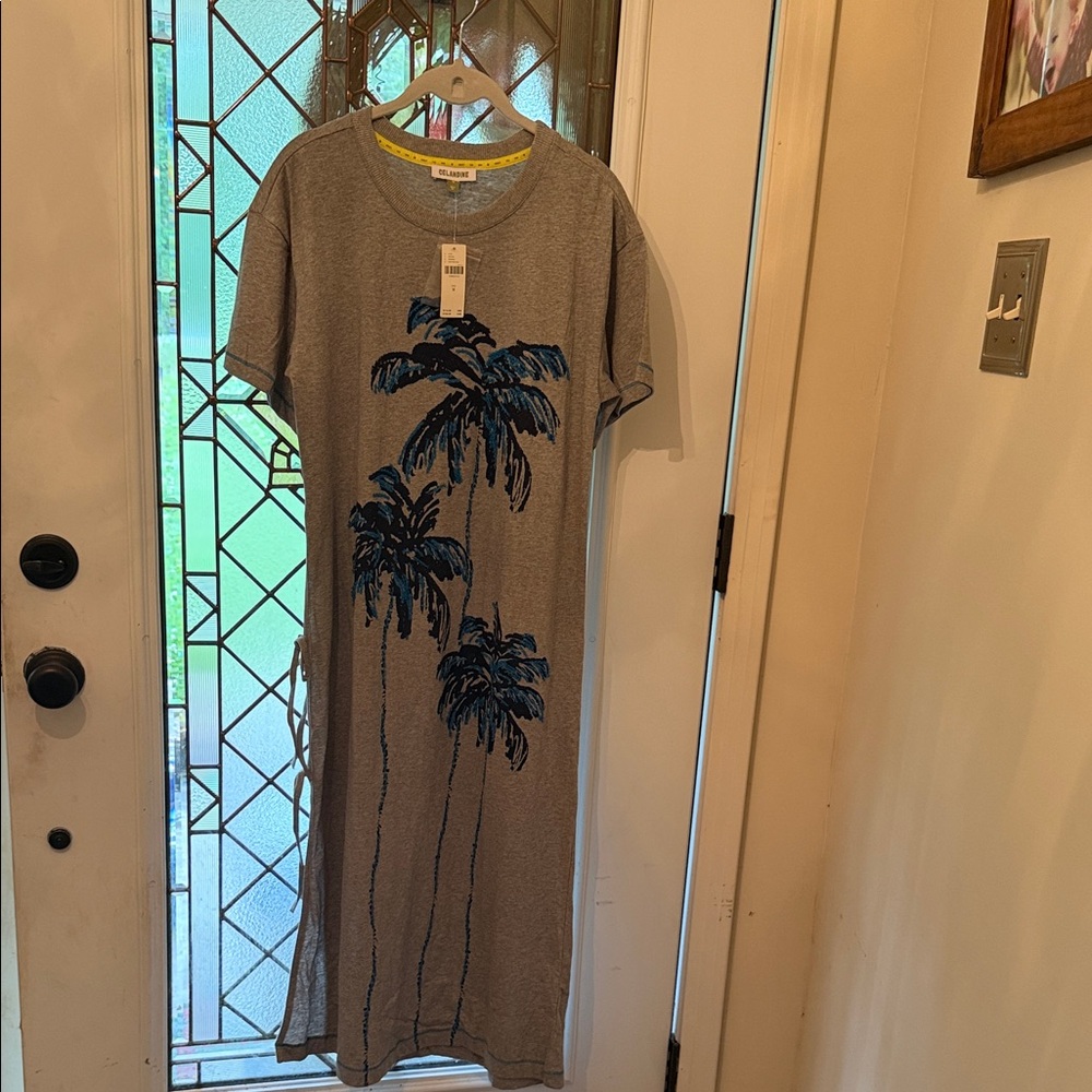 Anthropology Grey Palm-Print Beaded Midi Dress with Navy Motif